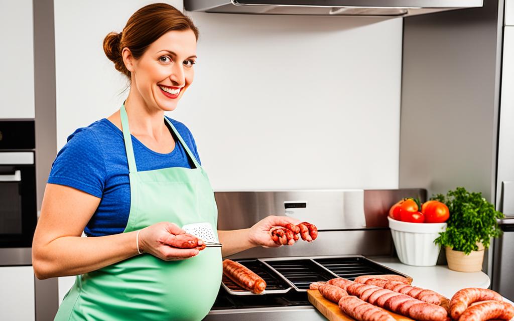 pregnant woman cooking sausage