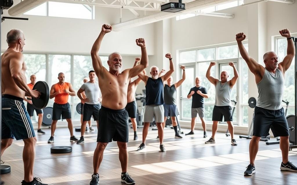 Senior men engaging in fitness programs