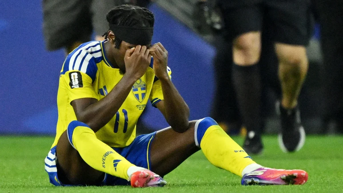 Anthony Elanga collapses in despair after failing to realise he saved Sweden’s World Cup dream
